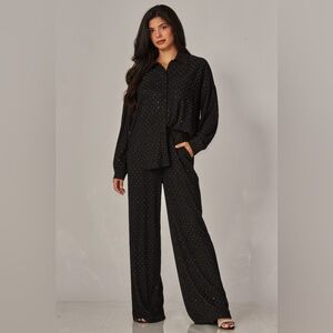 Black Crinkled Rhinestone Button Down Shirt Set